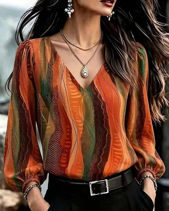V-neck Puff Sleeve Color-Block Long-Sleeve Top