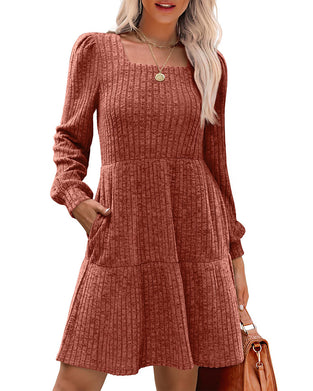 🍂2025 Autumn New Style⏰Women's Square Neck Lantern Sleeve Ribbed Dress