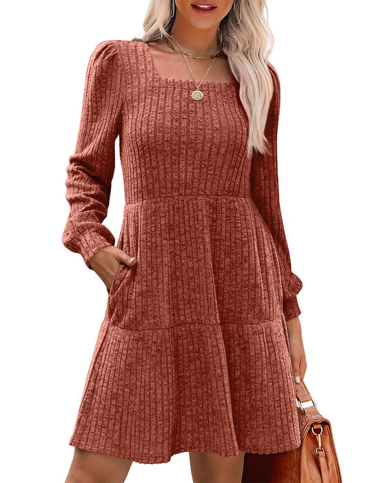 🍂2025 Autumn New Style⏰Women's Square Neck Lantern Sleeve Ribbed Dress