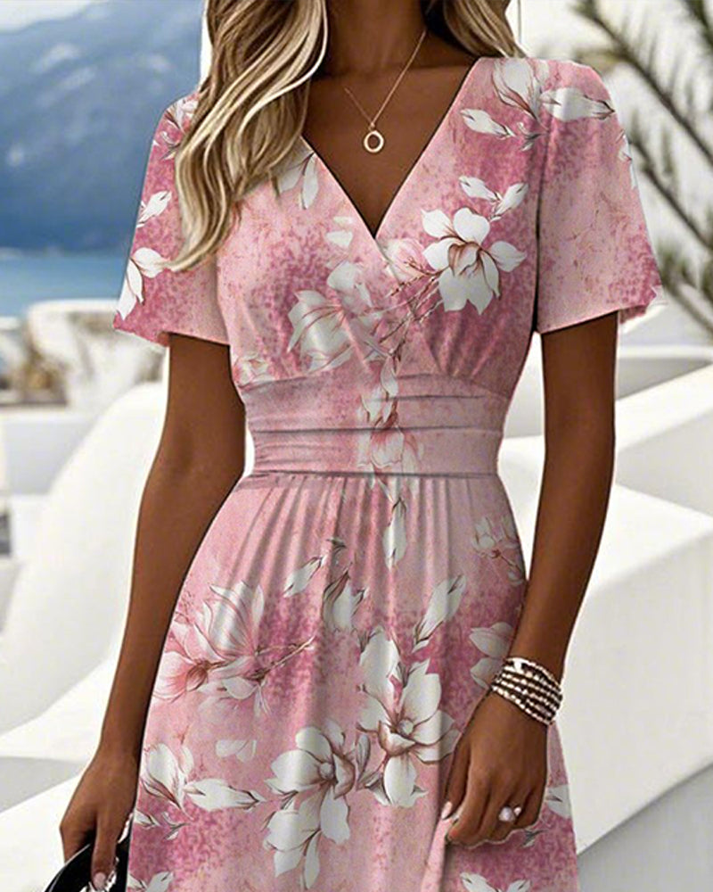 Orchid Print V-Neck Casual Dress