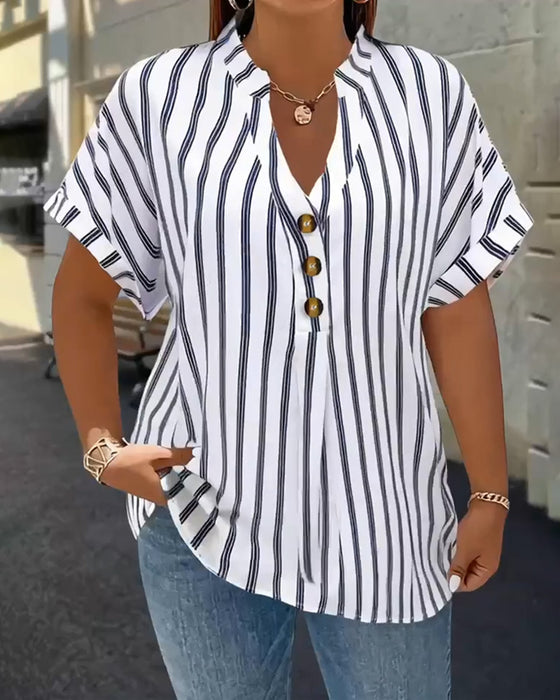Button-Down V-Neck Striped Blouse