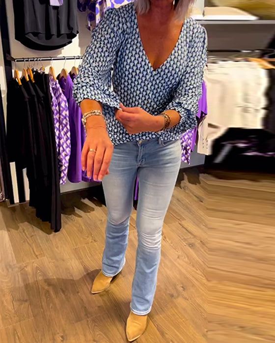 Deep V Neck Long Sleeve Top