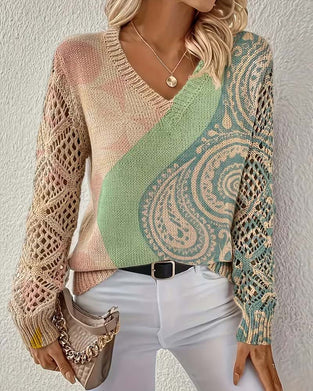 Color Block Hollow Out V-Neck Knit Pullover