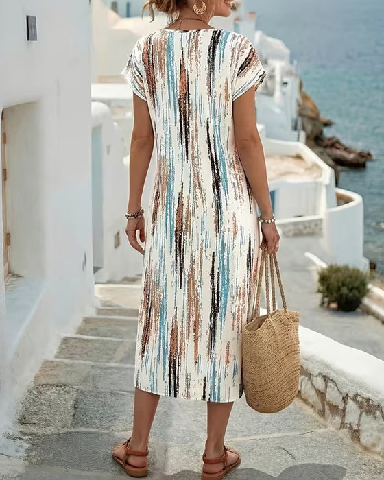 Crew Neck Vertical Stripe Print Dress