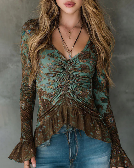 Gathered Ruffle V-Neck Long-Sleeve Blouse