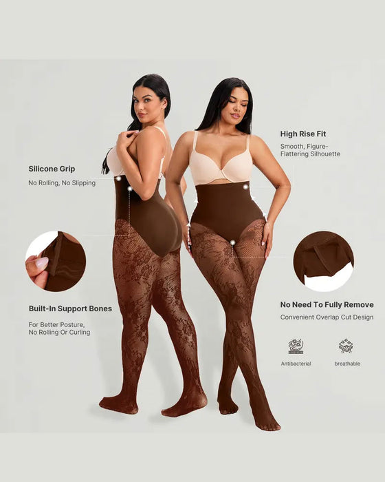 Women‘s High-Waist Shaping Tights with Floral Lace