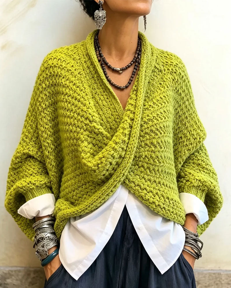 Chunky V-Neck Twist Irregular Knit Pullover