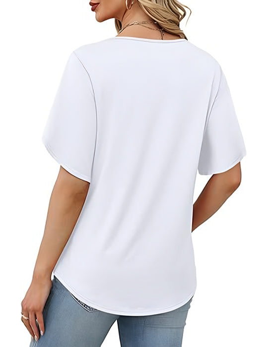 V-Neck Small Slit Short Sleeve Solid T-Shirt