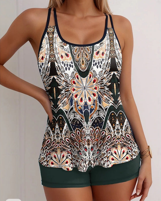 Flesh-covering Suspender Print Two-piece Swimsuit