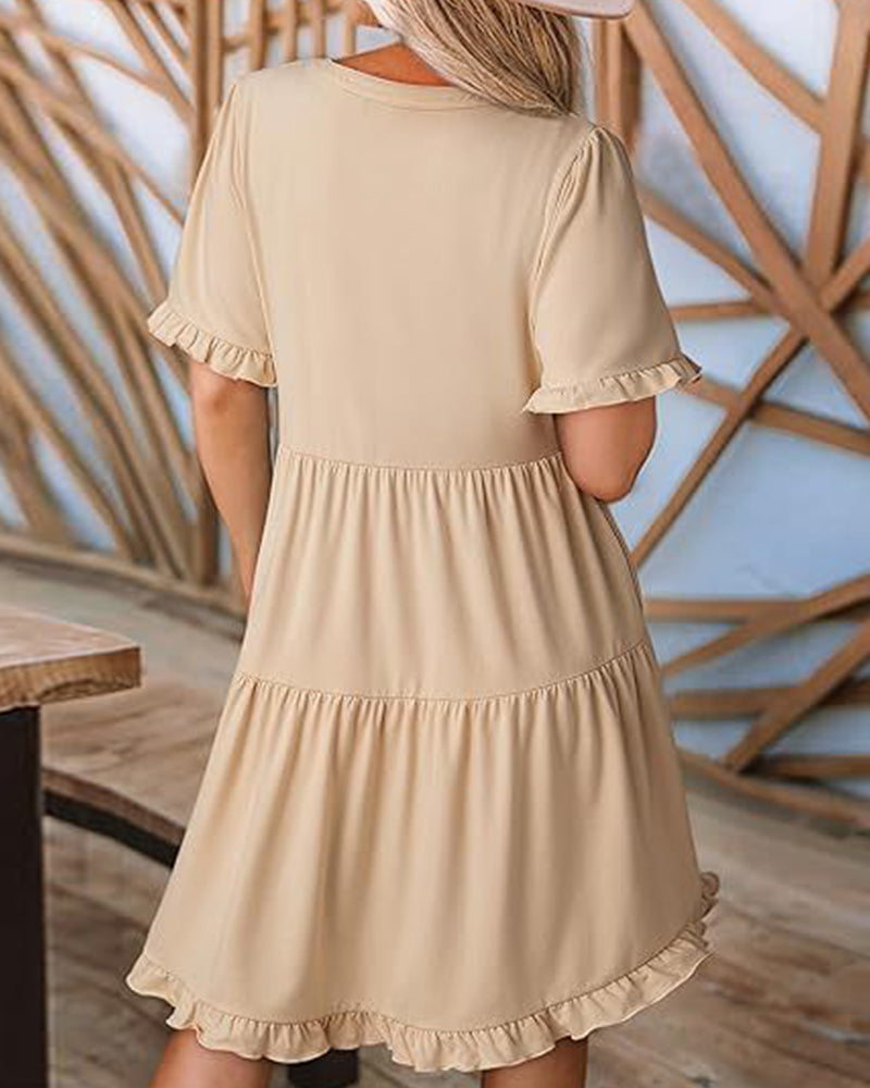 Ruffle Trim V-Neck Tiered Hem Dress