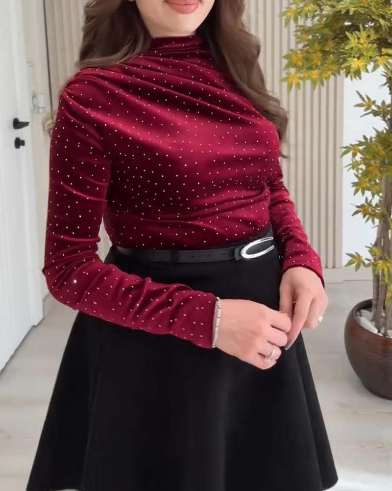 Solid Color Shimmering Long-Sleeved Top