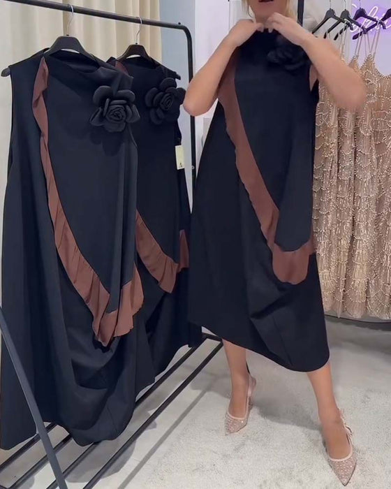 3D Petal Flounce Color-Blocking Sleeveless Dress