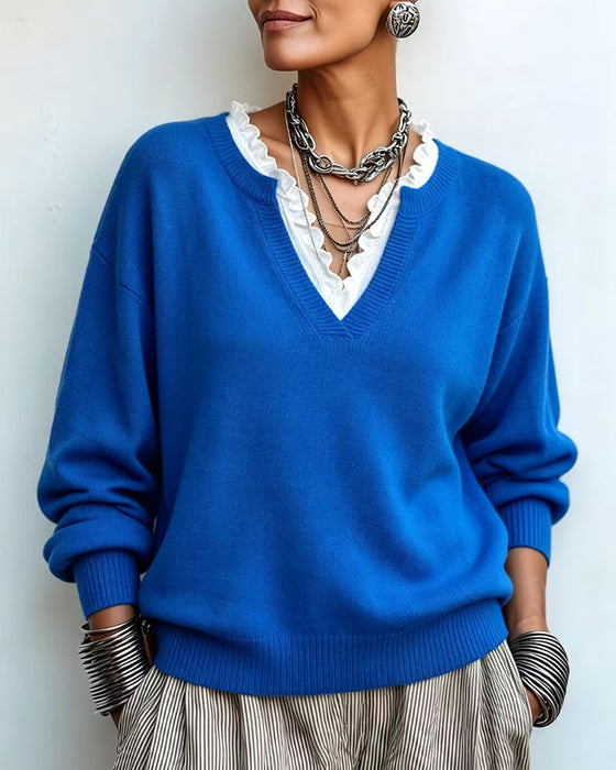 Faux Two-Piece V-Neck Lace Trim Pullover
