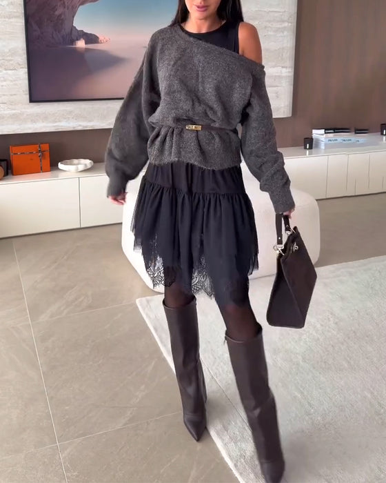 Off-Shoulder Loose Jumper & Lace Hem Dress