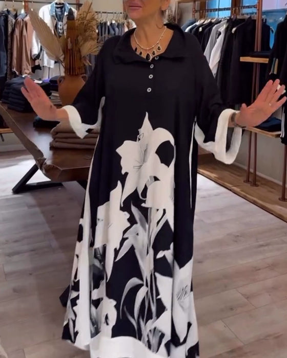 Lapel Printed Oversized Maxi Dress