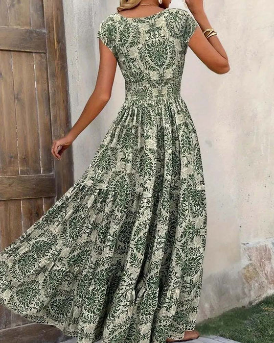 Retro Print V-Neck Cinched Waist Long Dress