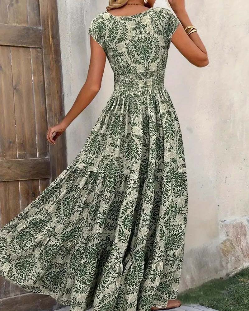 Retro Print V-Neck Cinched Waist Long Dress