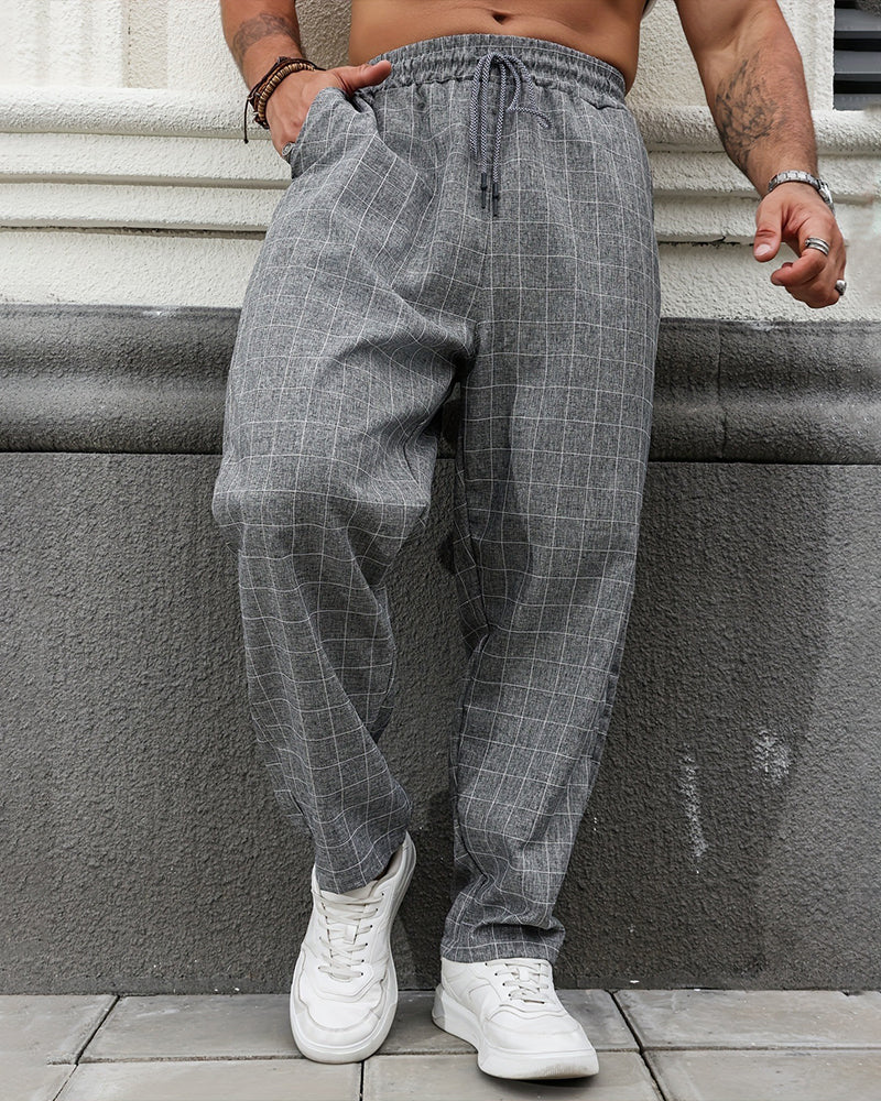 Men's Plaid Drawstring Pocket Pants