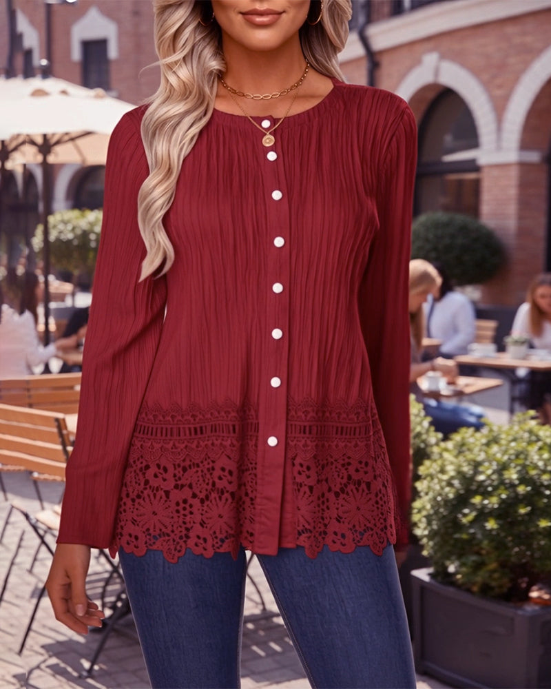 Lace-Trimmed Textured Fashion Blouse