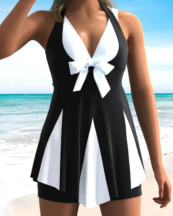 Vacation Color Block Bowknot Tankini