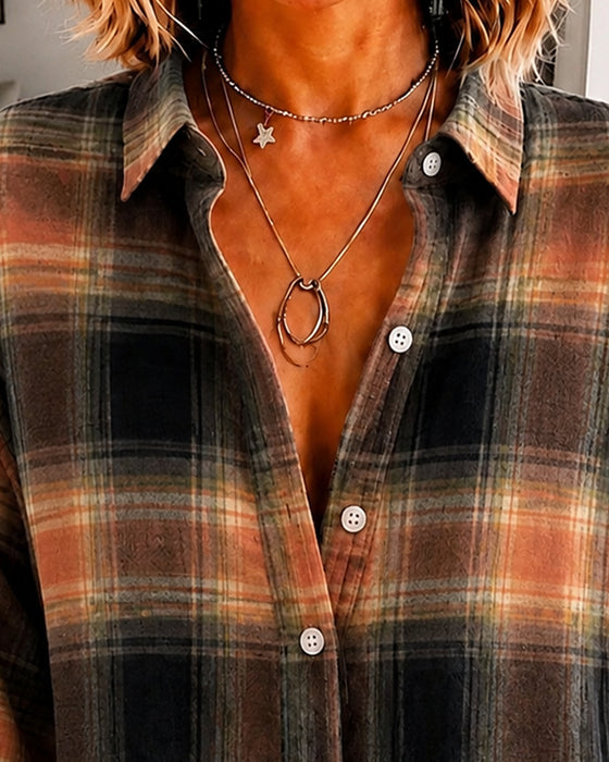 Lapel Checkered Long Sleeve Shirt