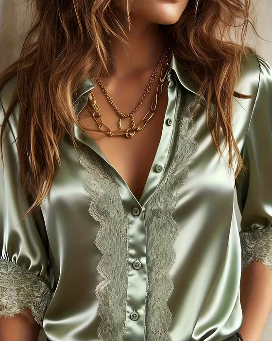 Satin Lapel Shirt With Lace Trim