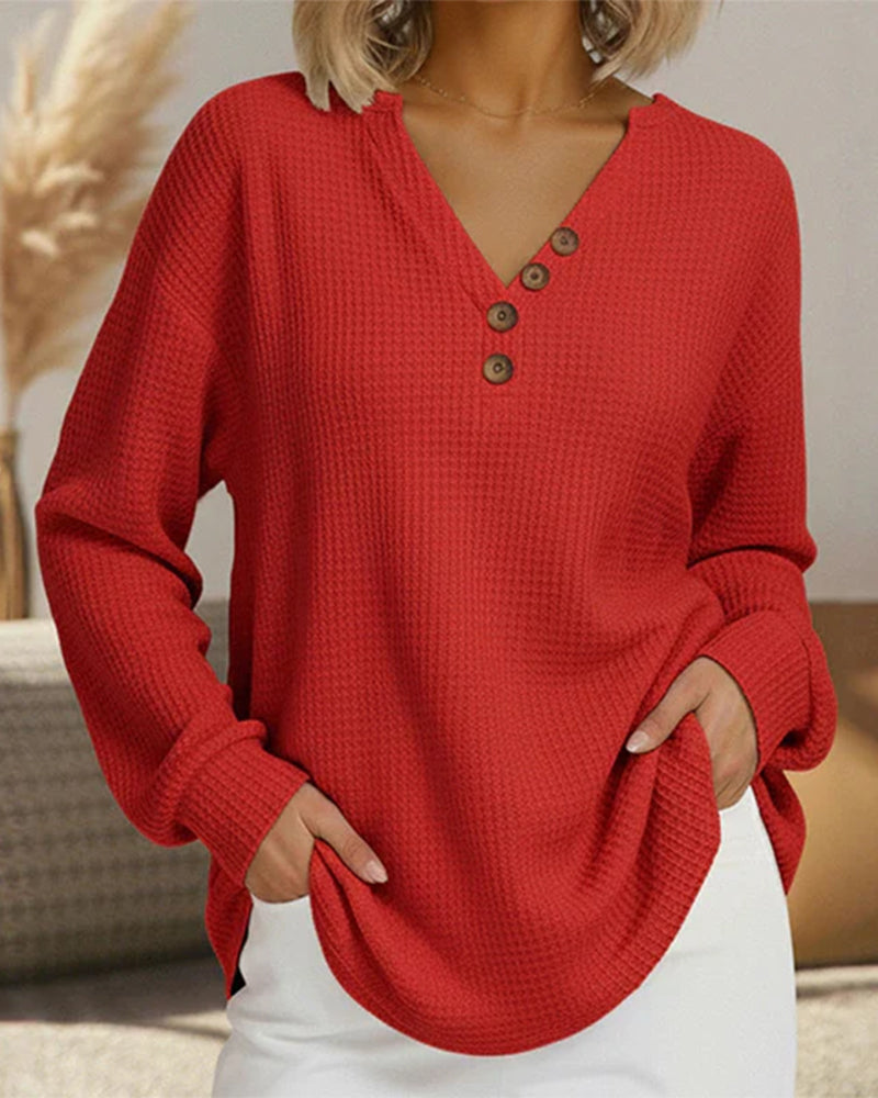 Button-Down Waffle Long-Sleeved Top