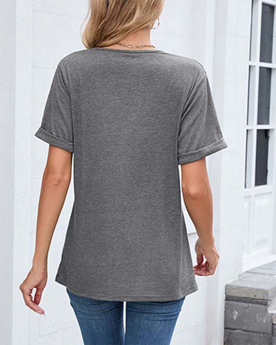 Solid V-Neck Casual Short Sleeve T-Shirt
