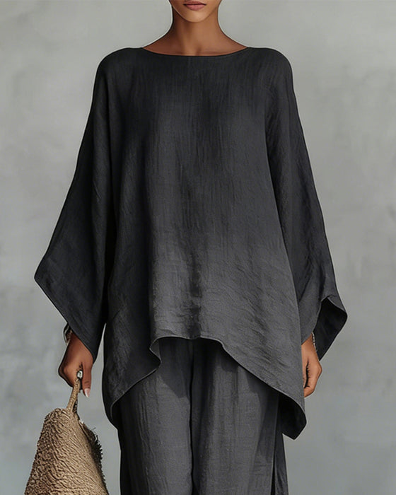 Solid color shirt and wide-leg pants suit