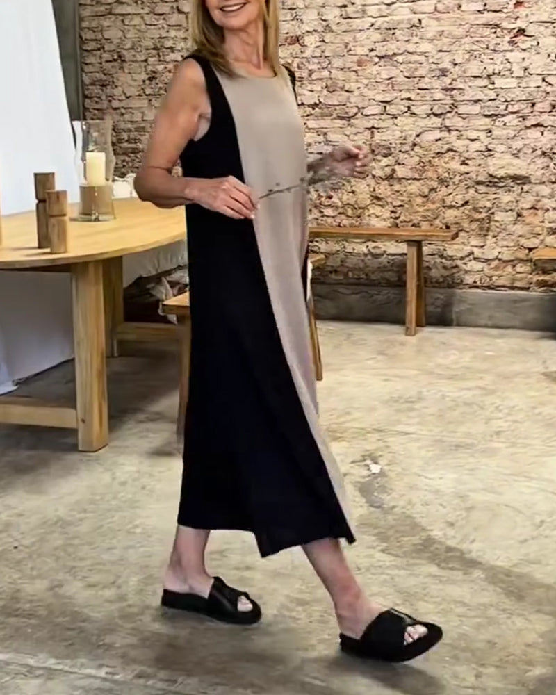 Sleeveless Color-Blocked Slit Dress