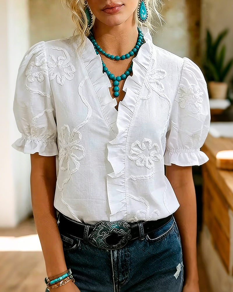 V-Neck Ruffle Trim Puff Sleeve Blouse