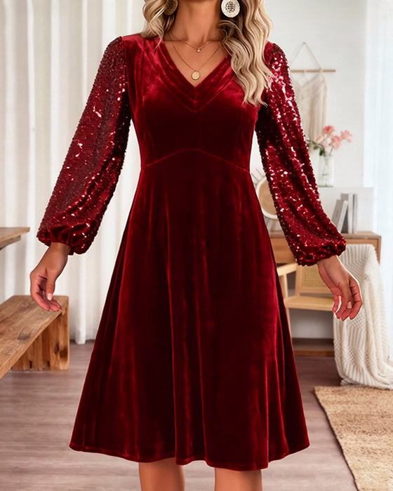 Casual V-Neck Solid Color Velvet Dress