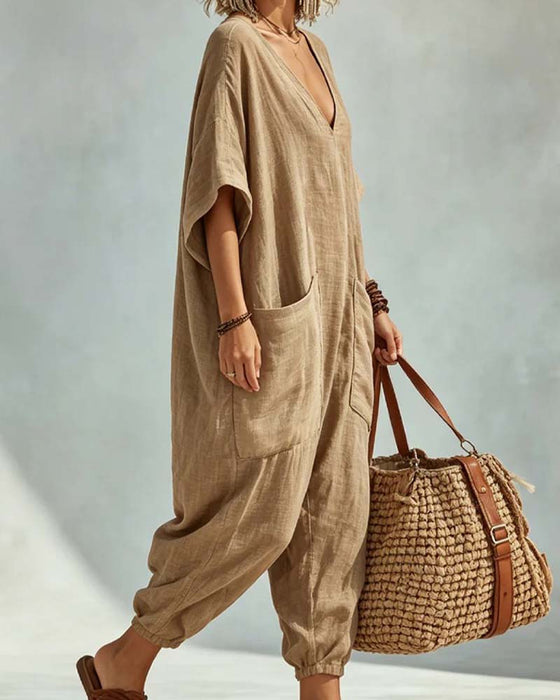 V-Neck Loose Drop Shoulder Jumpsuit
