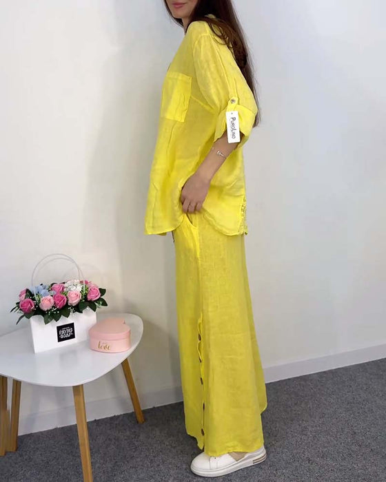 Solid color button pocket lace blouse wide leg pants set