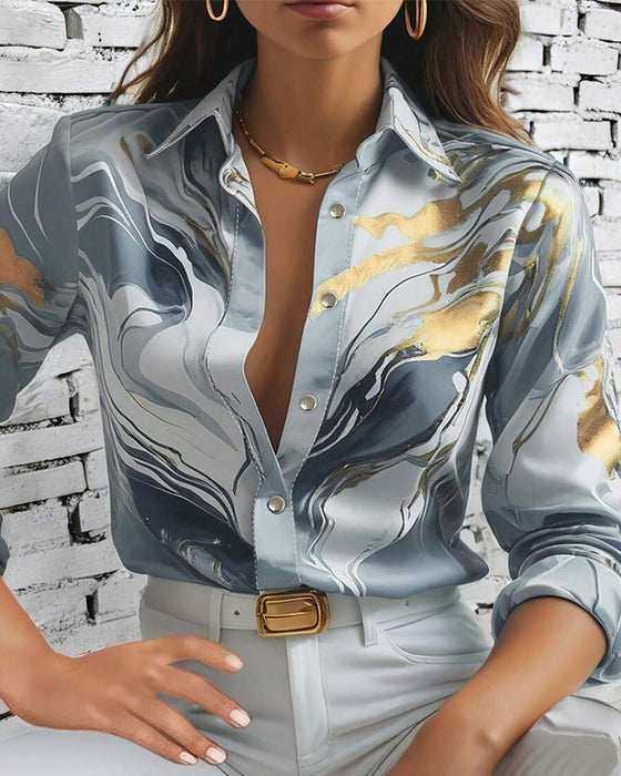 Elegant Collared Irregular Print Shirt