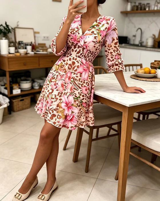 V-Neck Print Waist-Cinching Bubble Sleeve Dress