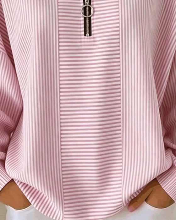 Half-Zip Long-Sleeve Striped Blouse