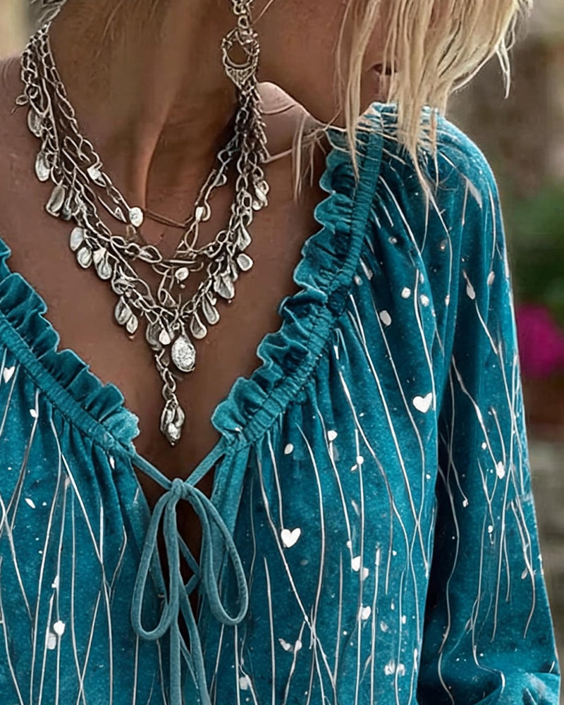 Heart Line Placement Print Tie Blouse