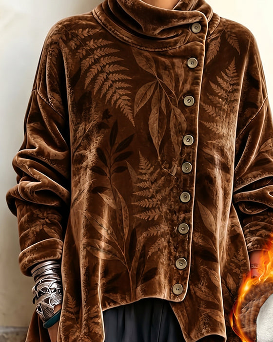Turtleneck Button Leaf Print Top