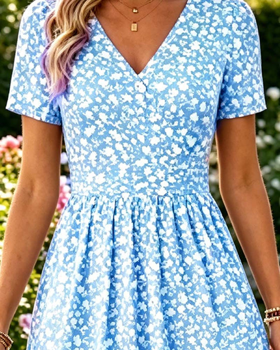 V-Neck Short SleeveTiny Floral Dress