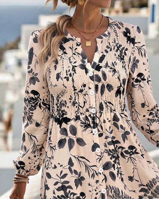 Ink Wash Leaf Waist-Cinching Short Dress