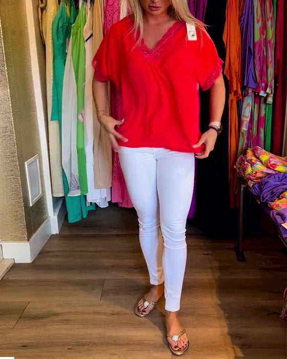 Spliced lace v-neck solid color top