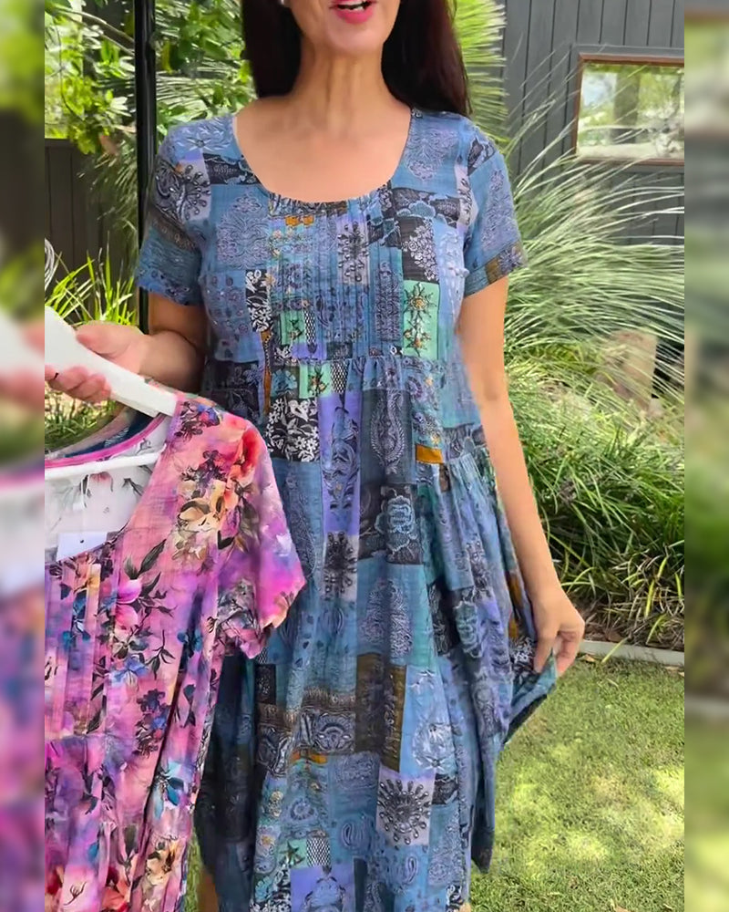 Round Neck Pleated Printed A-Line Dress
