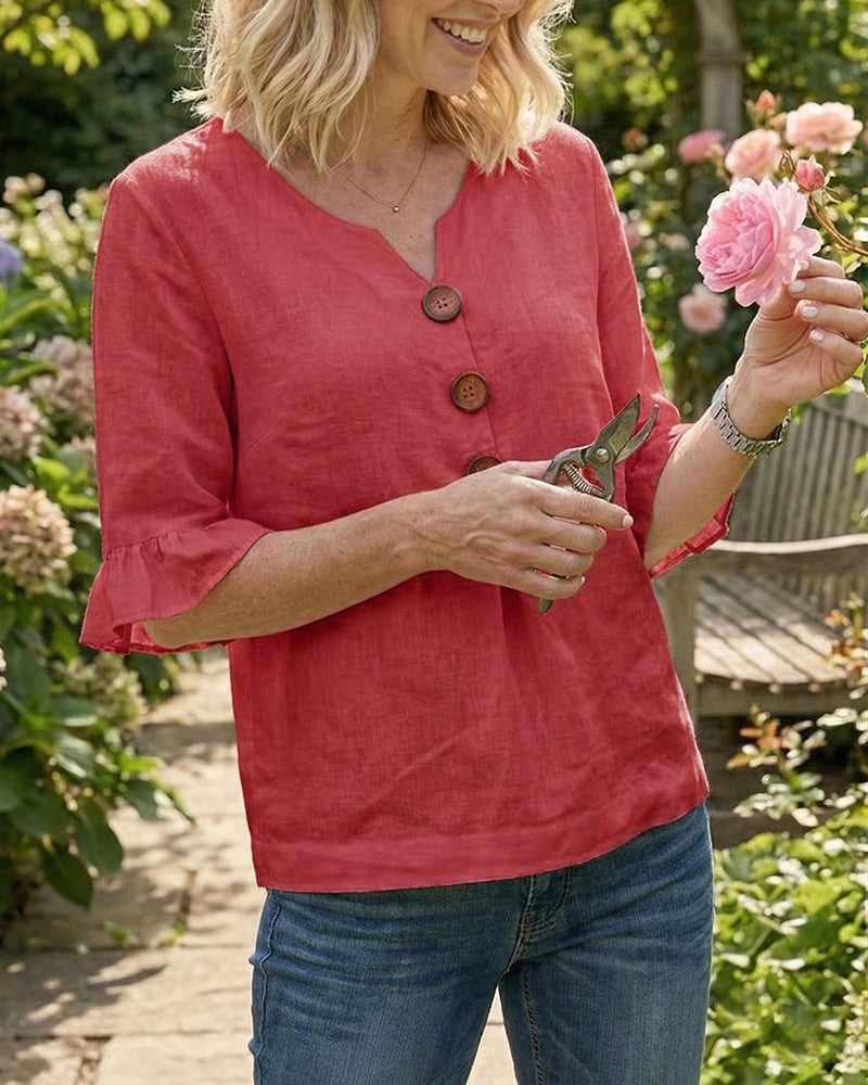 Solid-Color Cotton-Linen Wooden Buttons Ruffles Blouses