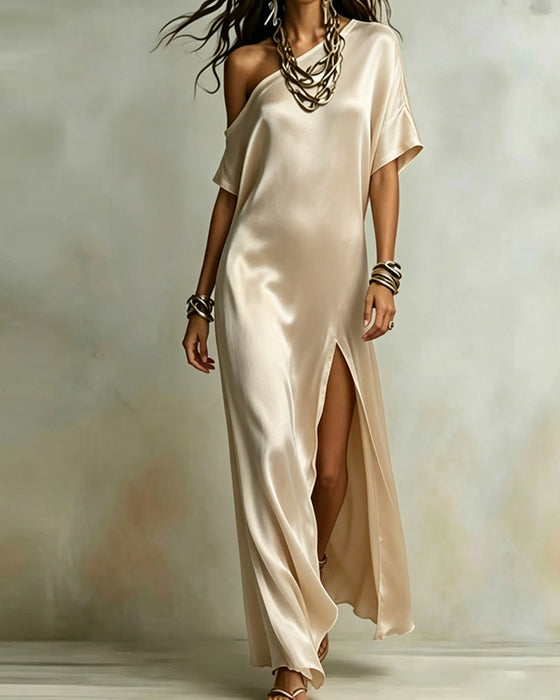 Satin One-Shoulder Slit Maxi Dress