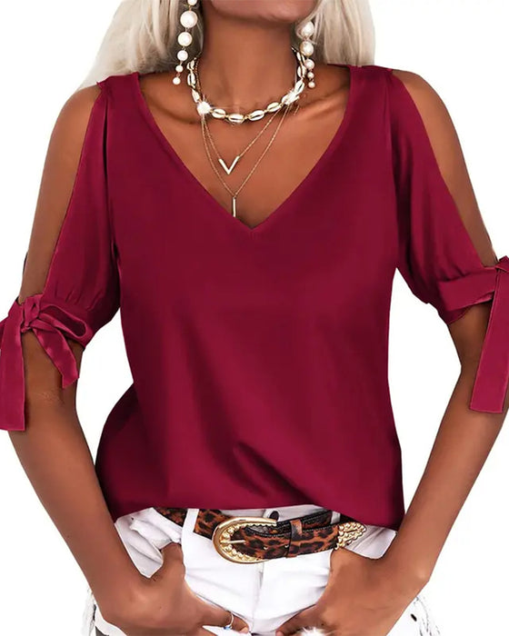 V-Neck Cold Shoulder Solid Tie Blouse