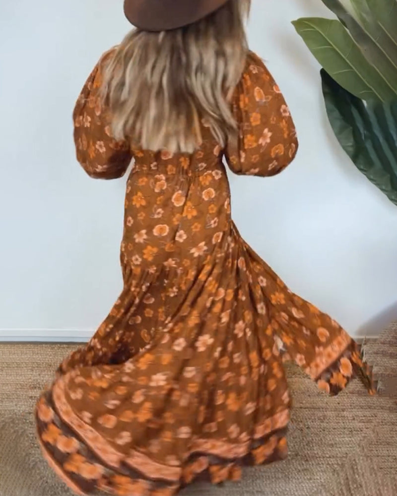 Vintage floral print V-neck lantern sleeve dress