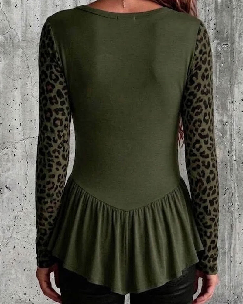 Leopard Patchwork Ruffle Top