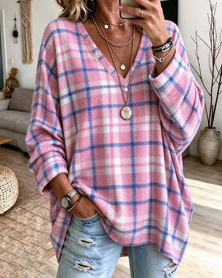 V-Neck Plaid Contrasting Loose Top