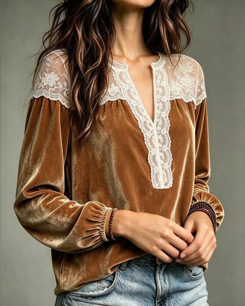 V-Neck Lace Panel Long-Sleeved Top